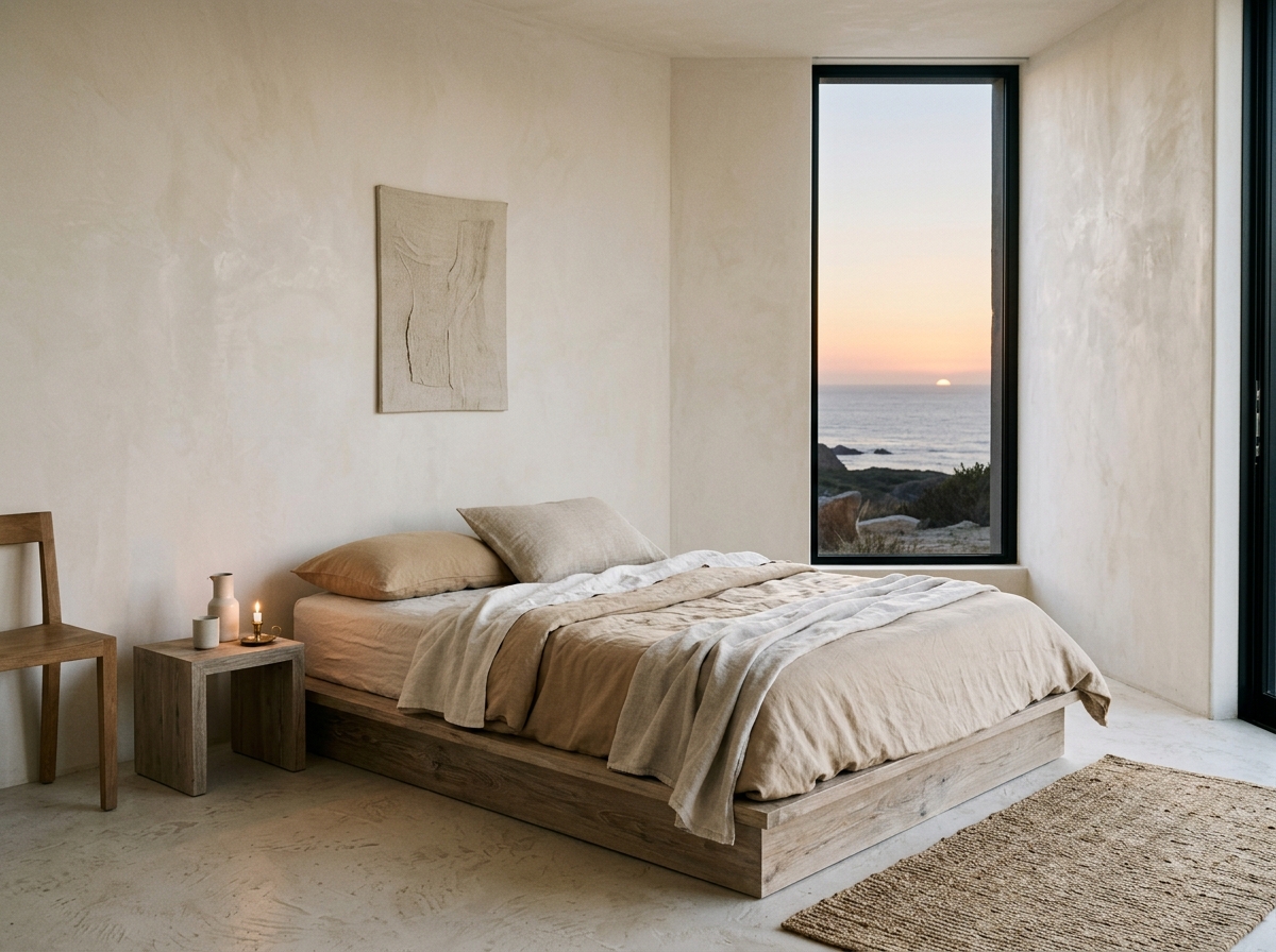 Minimalist sanctuary bedroom with limewash walls and narrow window overlooking the sea horizon