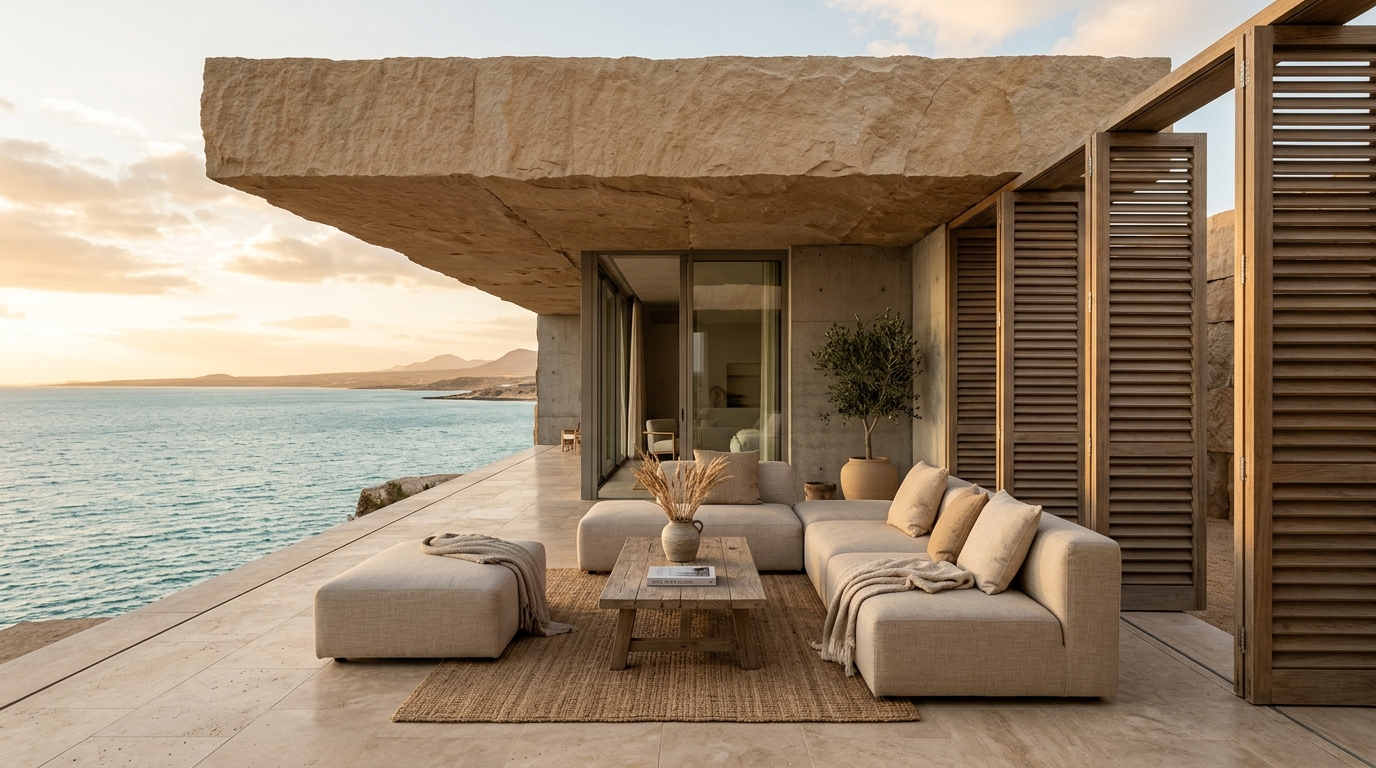 Massive cantilevered sandstone terrace with teak louvers overlooking the Red Sea