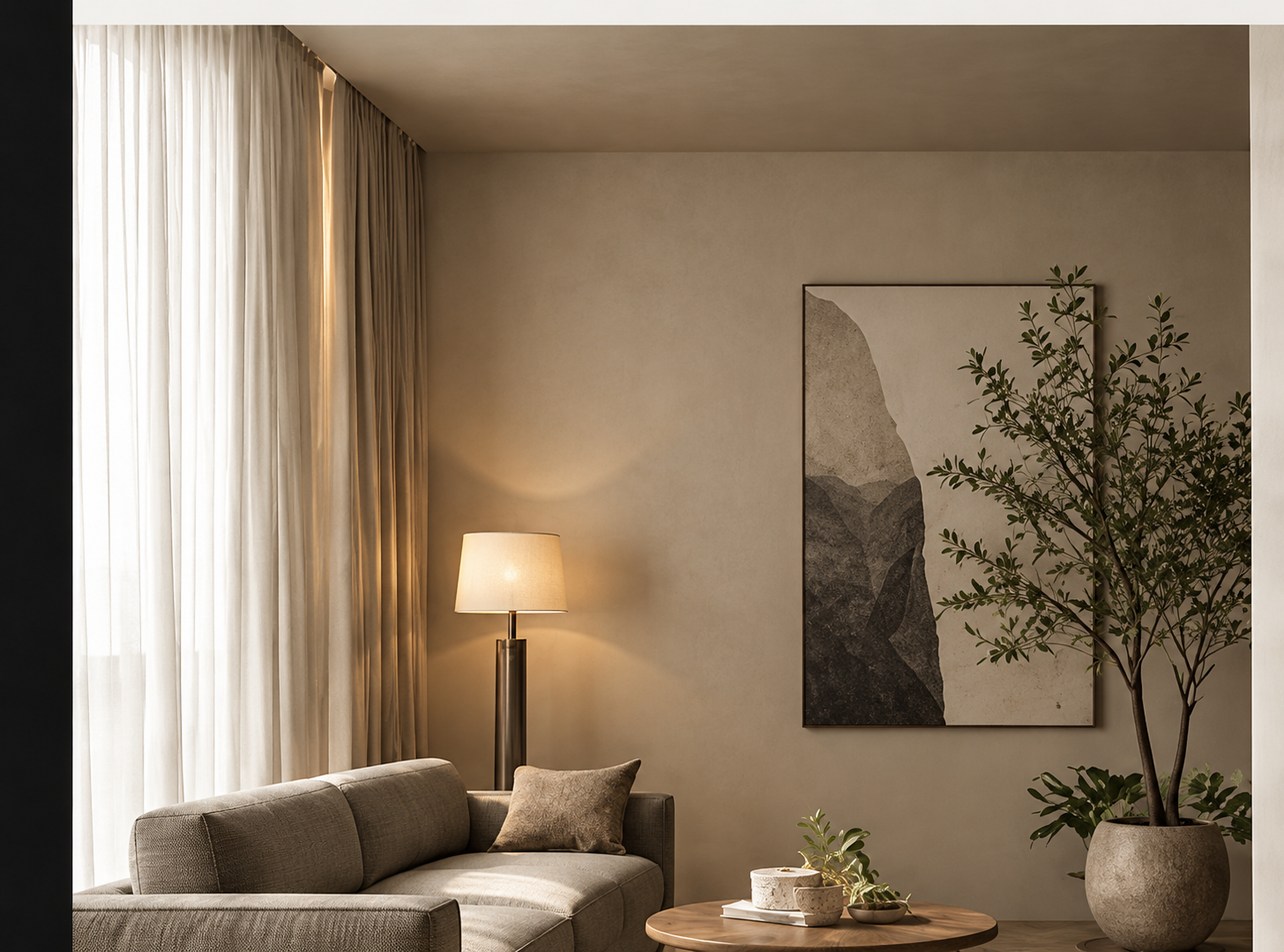 A warm, restrained interior concept with natural materials and a framed garden view