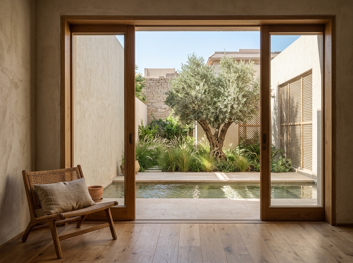 View from living room through sliding oak doors toward planted olive tree and courtyard pool