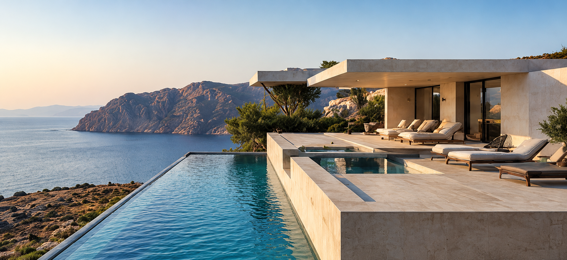 Concept image of a low contemporary residence beside a reflecting pool and planted garden
