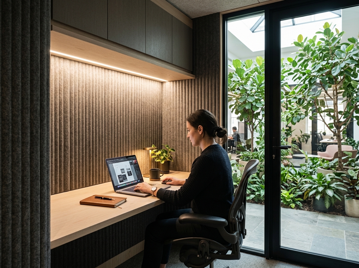 Acoustic felt focus booth with pale ash desk and view to planted indoor atrium