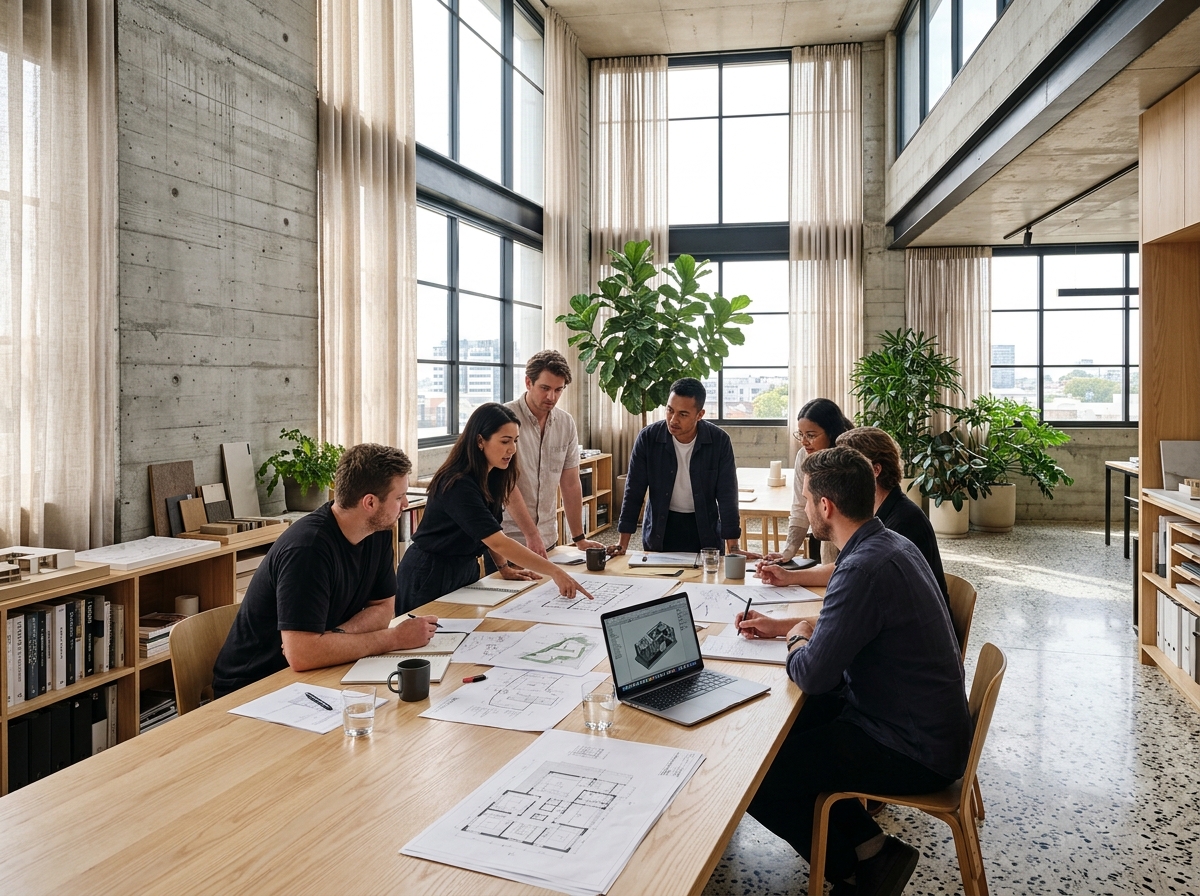 Design team gathered around an architectural table in a light-filled collaborative studio