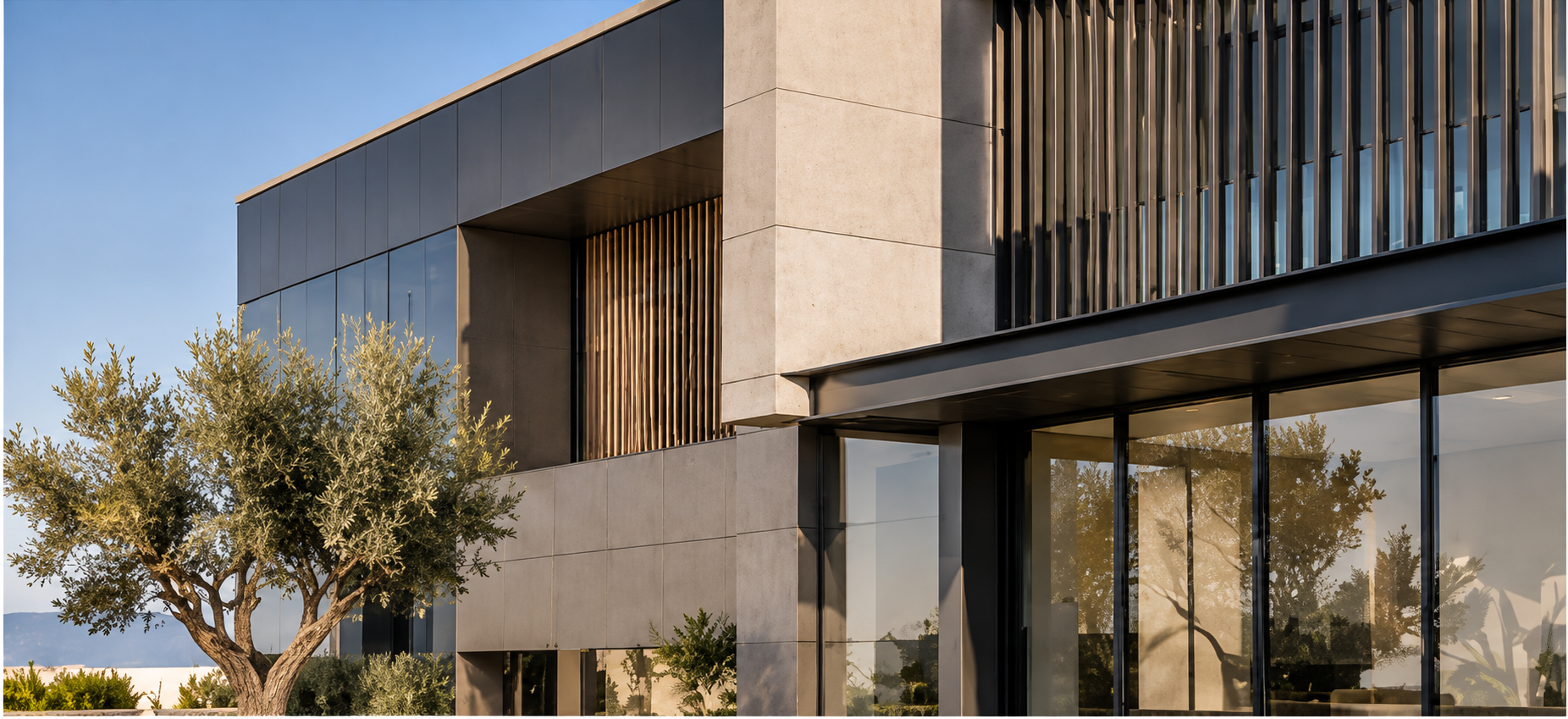 Contemporary workplace concept with glass, stone, timber, and planted edges