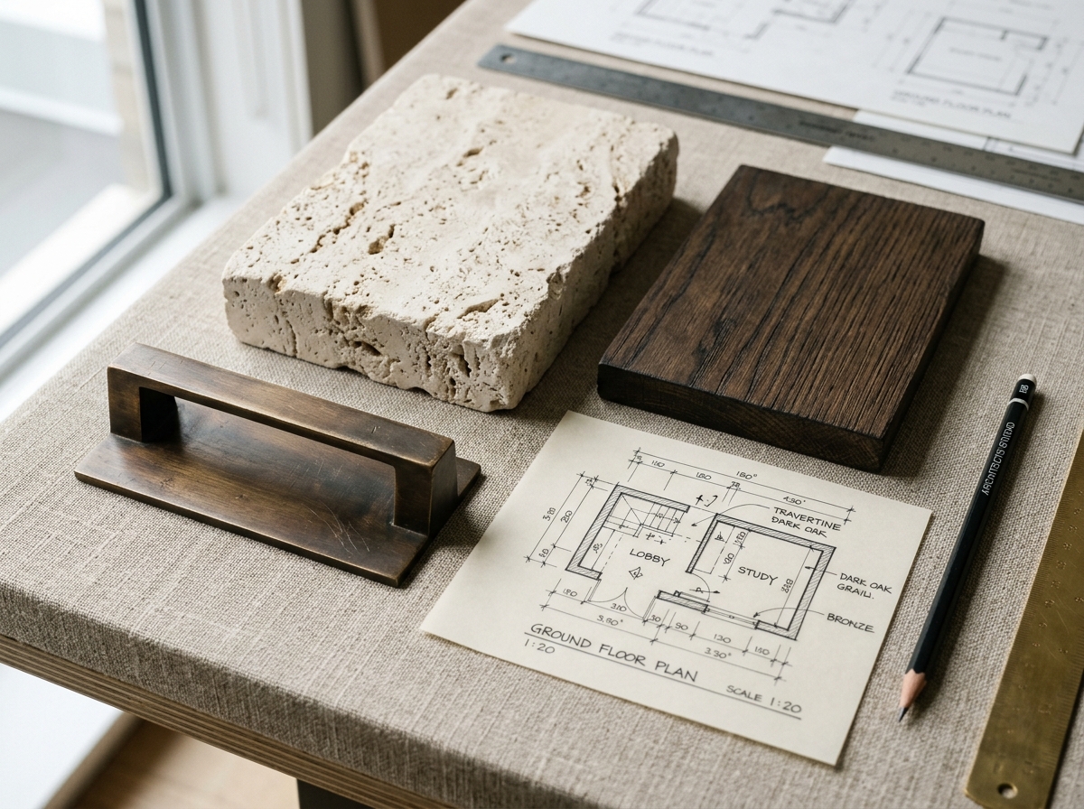 Close-up architectural material curation study with raw travertine, smoked oak, patinated bronze, and hand-drawn floor plans