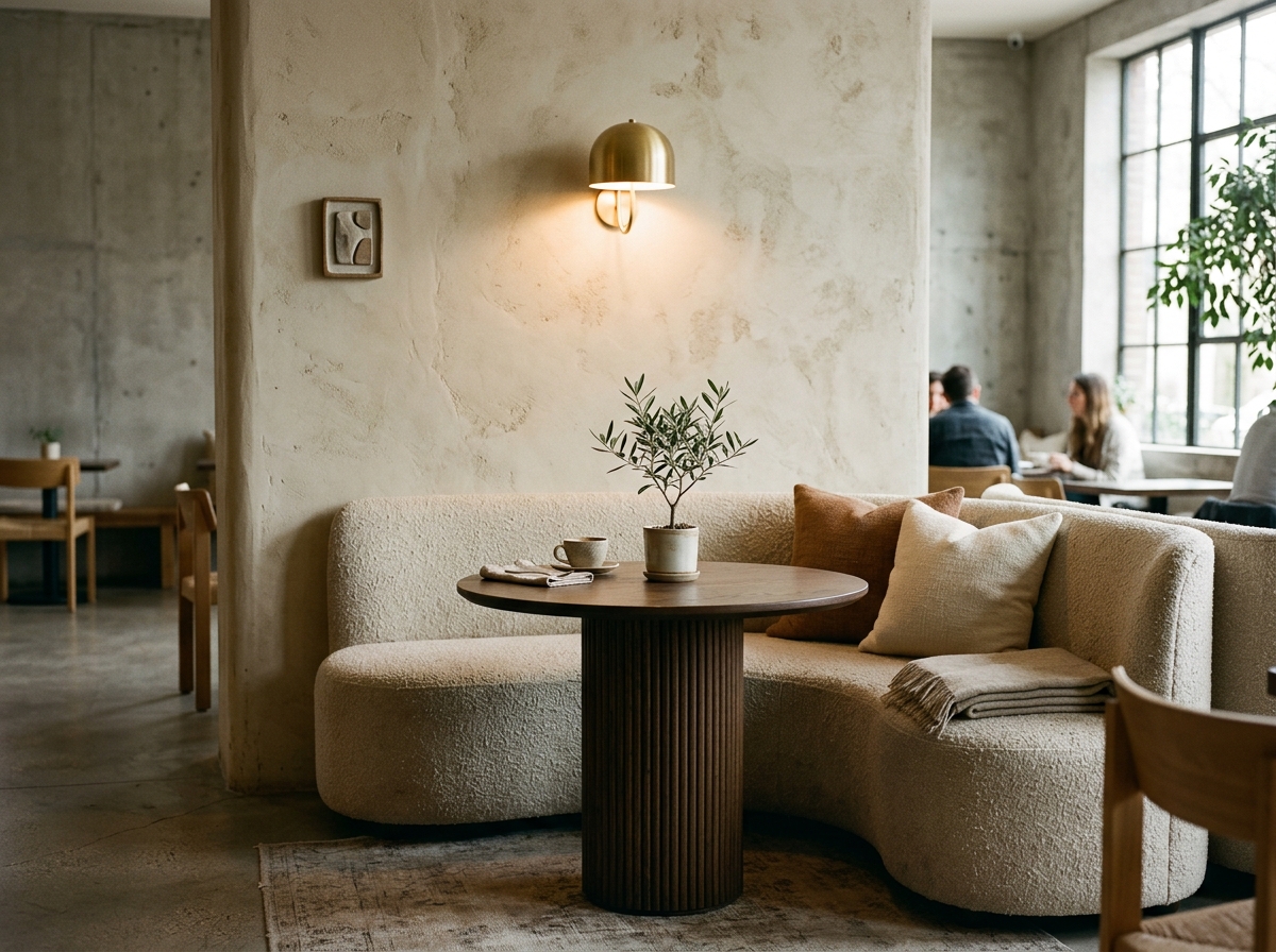 Intimate curved banquette nook with textured bouclé and fluted oak table