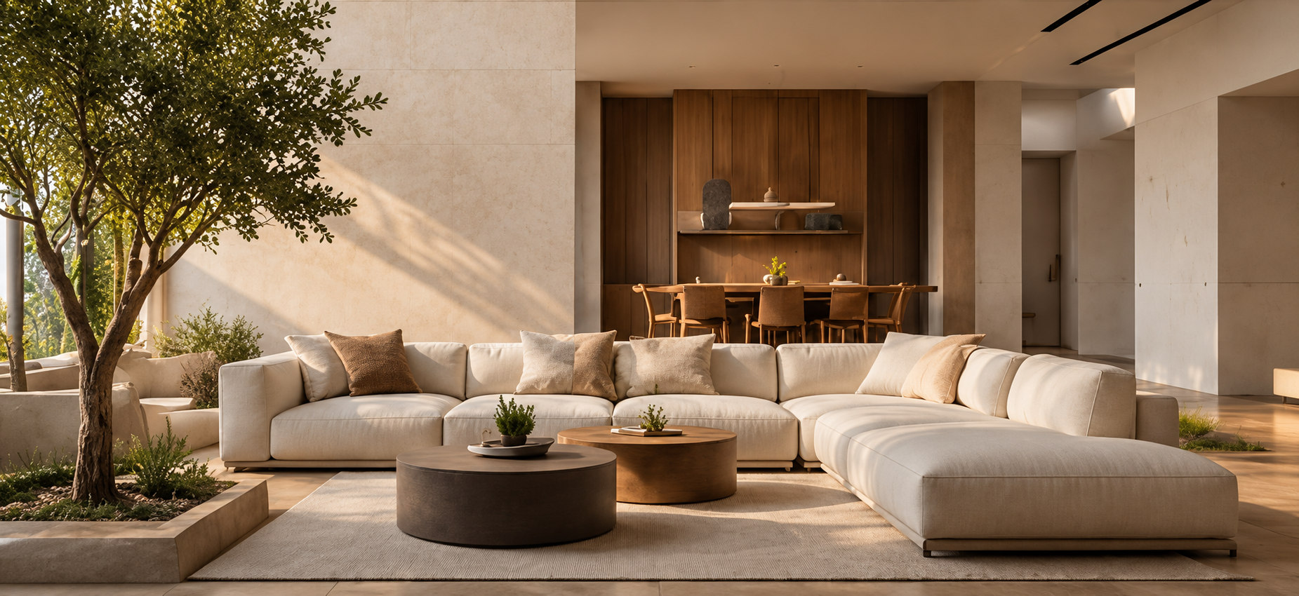 Concept interior with warm wood, soft light, and a calm lounge setting