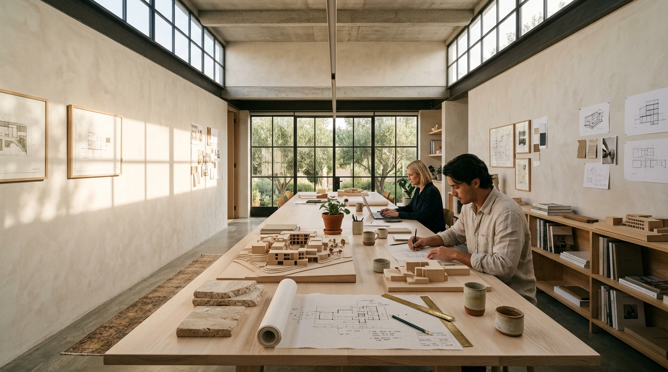 Luma Atelier architectural studio workspace with physical basswood models, stone samples, and morning light